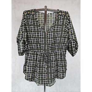 Mileage Shirt Womens Size 2X Top Stretch Waist 3/4 Sleeve V-Neck Green Plaid NEW